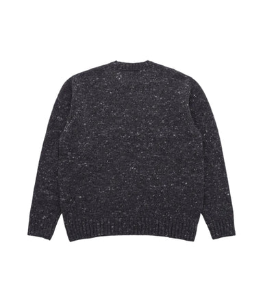 A dark charcoal gray knit sweater with subtle white flecks, shown from the back on a light gray background.