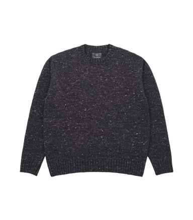 A dark charcoal gray knit crewneck sweater with subtle white and light gray flecks throughout, presented flat against a light gray background.