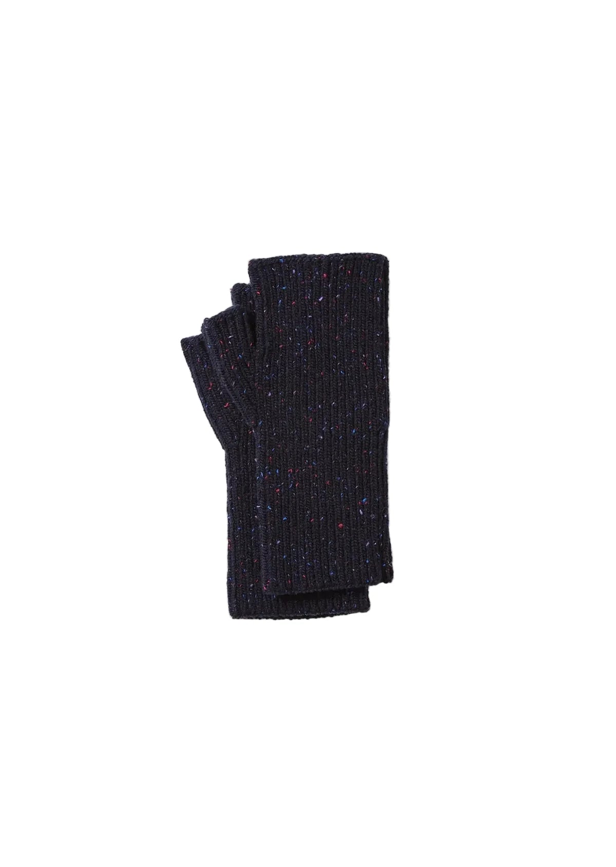A pair of dark navy ribbed knit fingerless gloves with multicolor flecks, folded neatly on a clean white background.