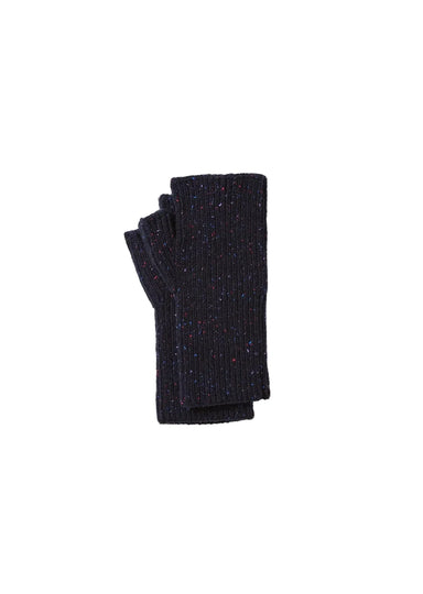 A pair of dark navy ribbed knit fingerless gloves with multicolor flecks, folded neatly on a clean white background.
