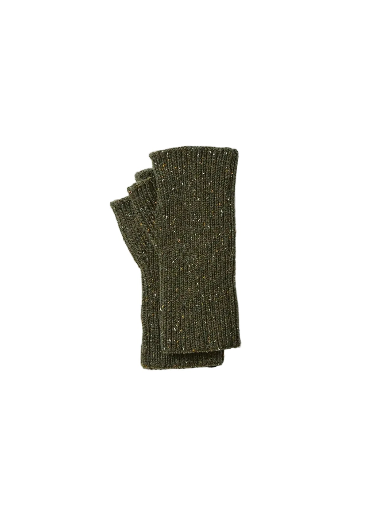 A pair of dark charcoal gray knit fingerless gloves with subtle multicolor flecks, folded neatly on a clean white background.