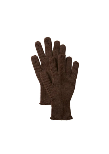 A pair of dark brown ribbed knit gloves laid flat on a light gray background.