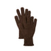 A pair of dark brown ribbed knit gloves laid flat on a light gray background.