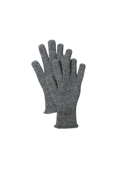 A pair of dark gray heathered knit gloves laid flat on a clean white background.