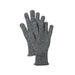 A pair of dark gray heathered knit gloves laid flat on a clean white background.