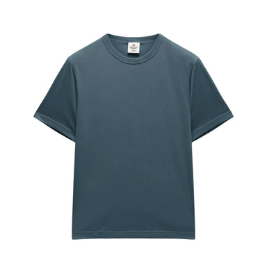 Plain dark blue t-shirt on a light gray background
