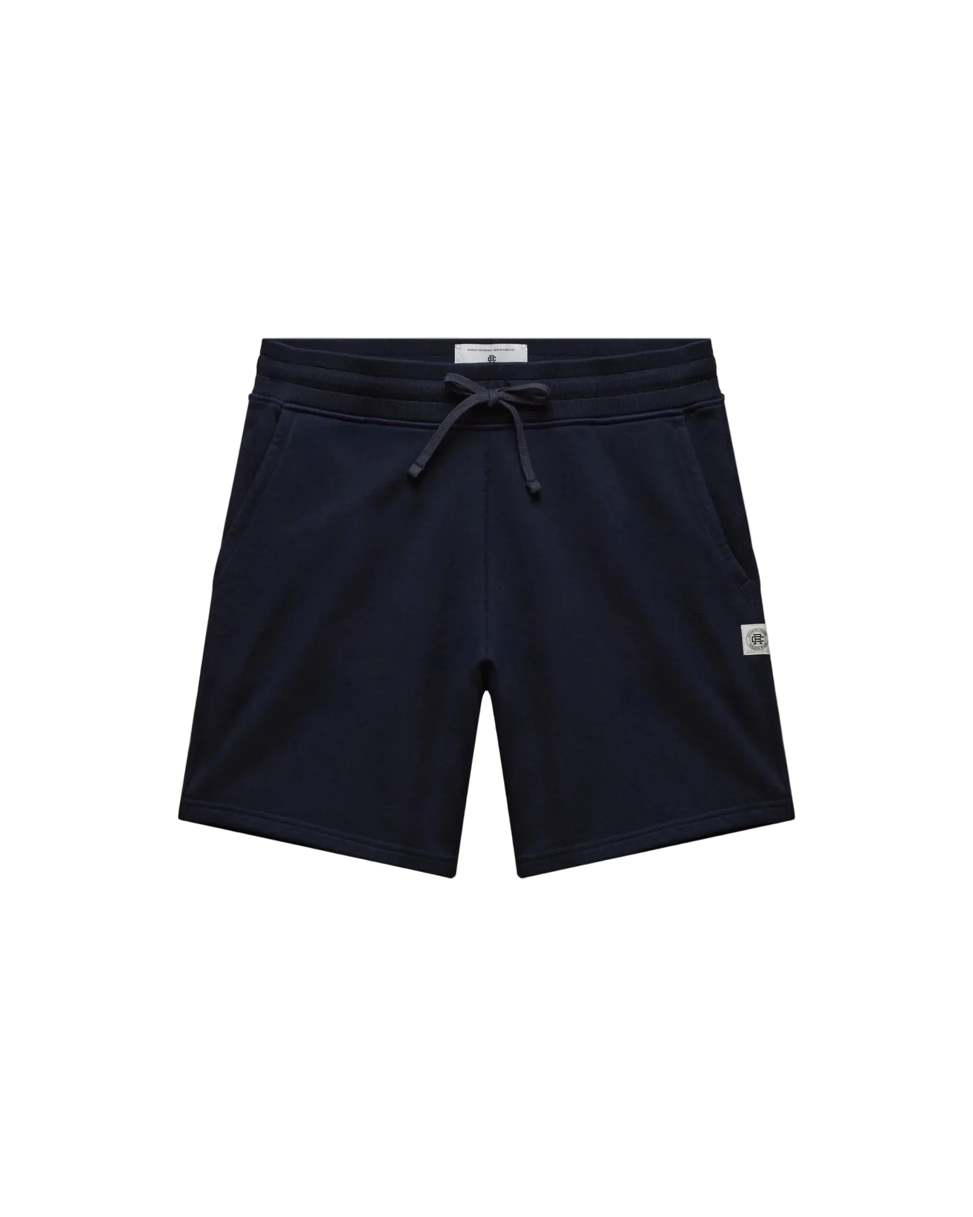 Black shorts with a drawstring on a light gray background