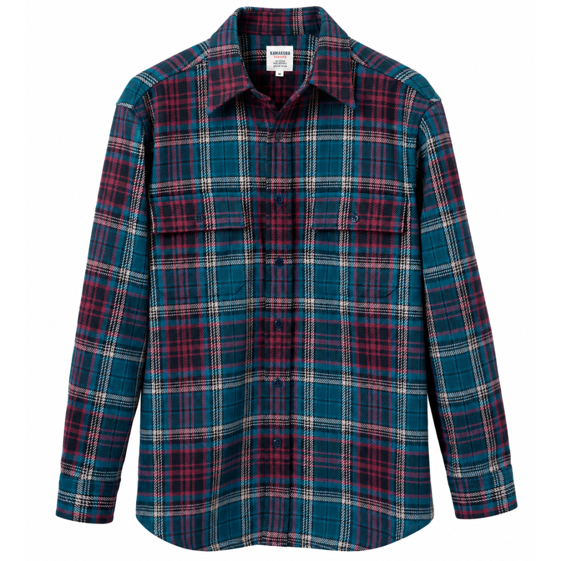 A long-sleeve button-up plaid shirt in teal, burgundy, and cream, shown against a plain white background.