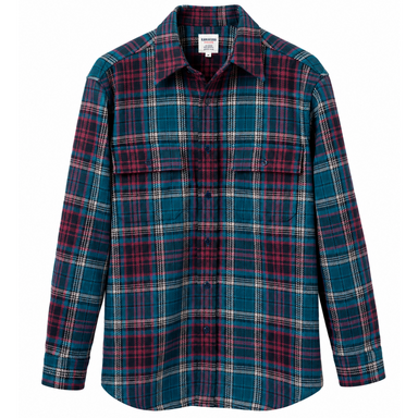 A long-sleeve button-up plaid shirt in teal, burgundy, and cream, shown against a plain white background.