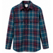 A long-sleeve button-up plaid shirt in teal, burgundy, and cream, shown against a plain white background.