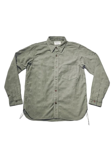 An olive green long-sleeve button-up shirt with a chest pocket, laid flat on a light gray background.