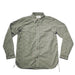 An olive green long-sleeve button-up shirt with a chest pocket, laid flat on a light gray background.