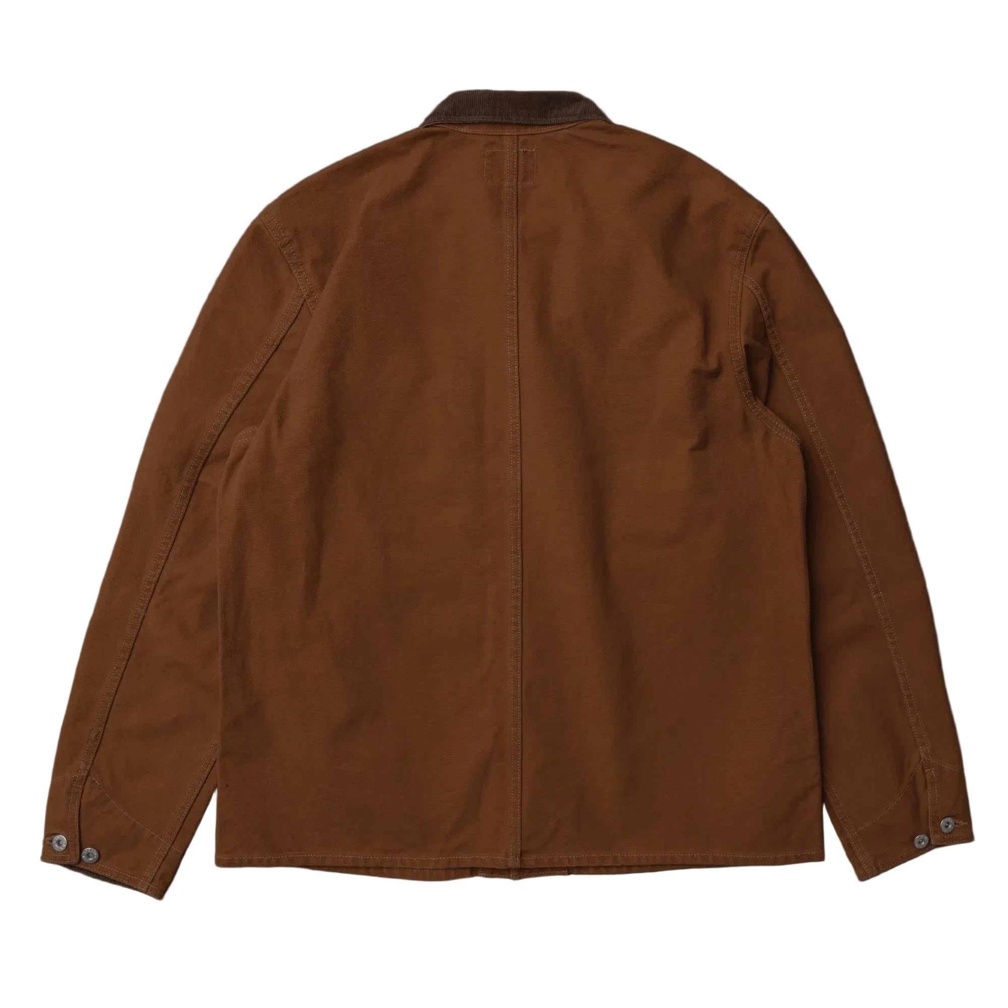 A brown canvas utility jacket shown from the back, laid flat against a dark charcoal background.