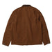 A brown canvas utility jacket shown from the back, laid flat against a dark charcoal background.