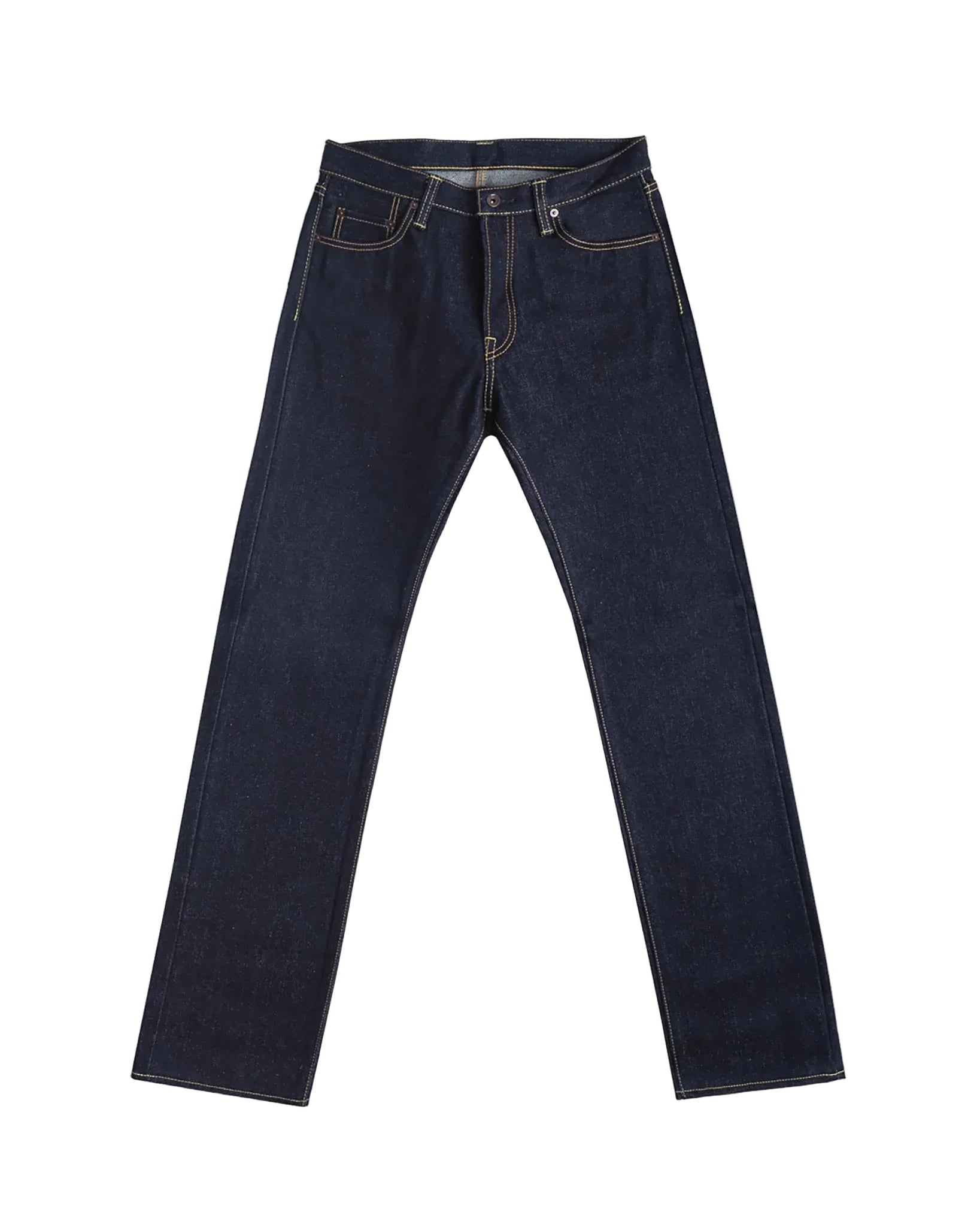 Pair of dark blue jeans on a white background