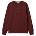 A dark burgundy long-sleeve henley shirt with a three-button placket and a small chest pocket, displayed flat against a light off-white background.