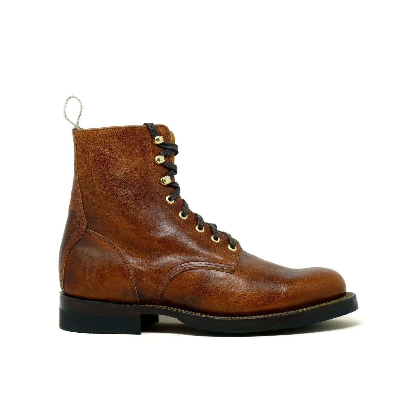 Brown leather boot with gold accents on a white background