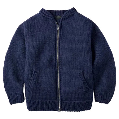 A navy blue knit zip-up jacket with a ribbed collar, cuffs, and hem, displayed flat against a white background.