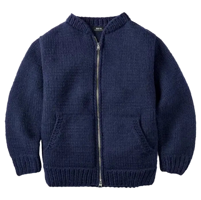 A navy blue knit zip-up jacket with a ribbed collar, cuffs, and hem, displayed flat against a white background.