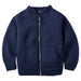 A navy blue knit zip-up jacket with a ribbed collar, cuffs, and hem, displayed flat against a white background.