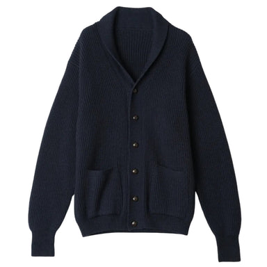 Navy blue cardigan with button details on a beige background