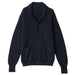 Navy blue cardigan with button details on a beige background