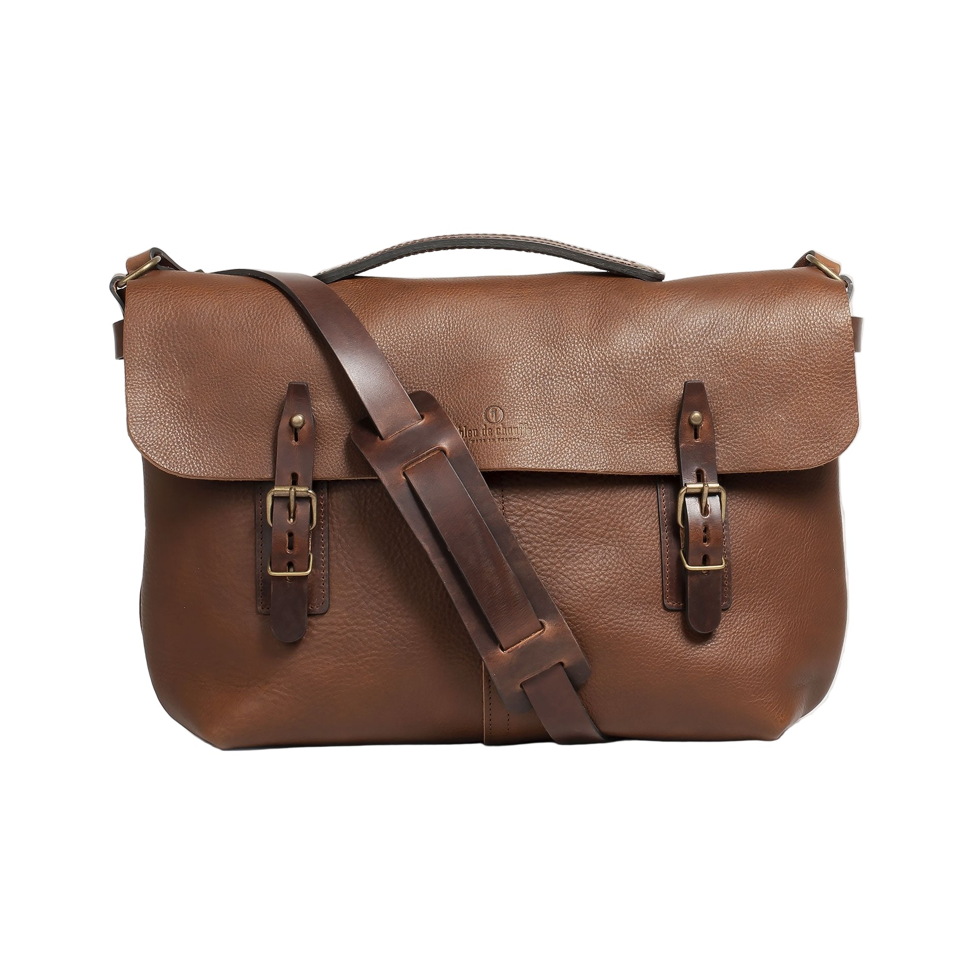 Brown leather satchel bag on a white background
