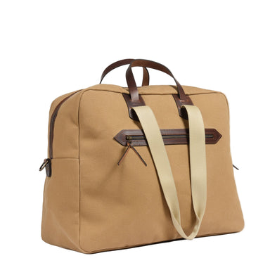 Tan travel bag with brown accents on a white background