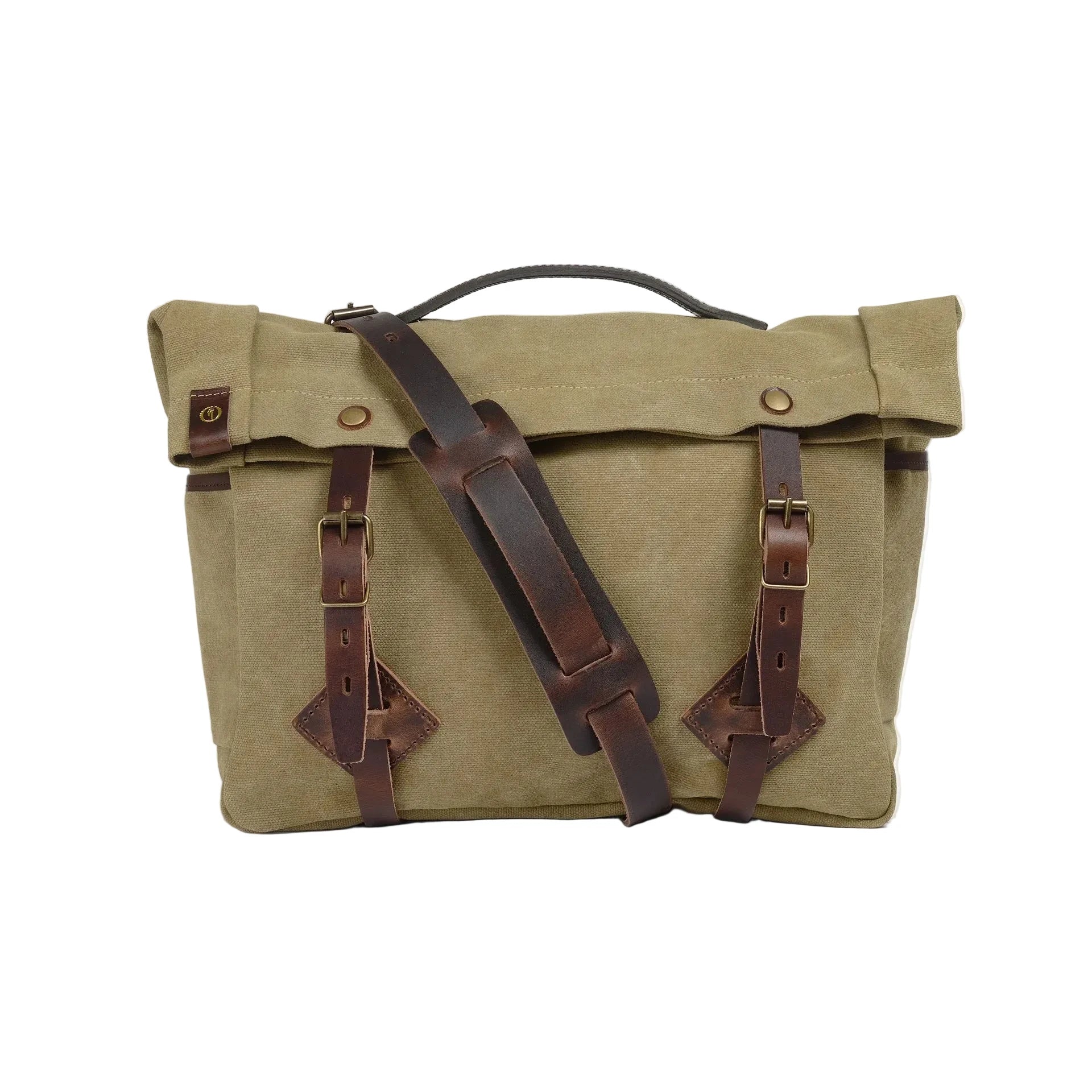 An olive green canvas messenger bag with dark brown leather straps, buckles, and a top handle, shown against a light off-white background.