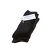 A pair of black ribbed knit socks bundled with a white paper tag and a small gold ring, photographed on a clean white background.